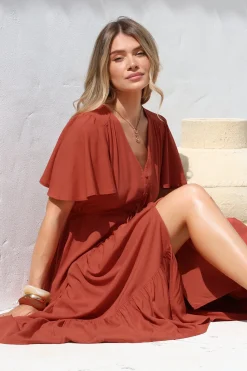 Anya Maxi Dress - Flutter Cap Sleeve Pull Tie Waist Dress in Rust><noscript><img width=