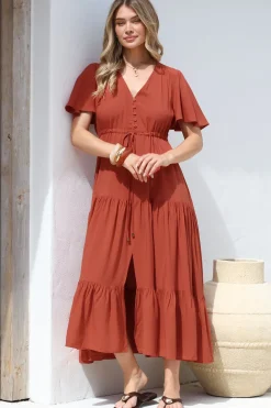 Anya Maxi Dress - Flutter Cap Sleeve Pull Tie Waist Dress in Rust><noscript><img width=