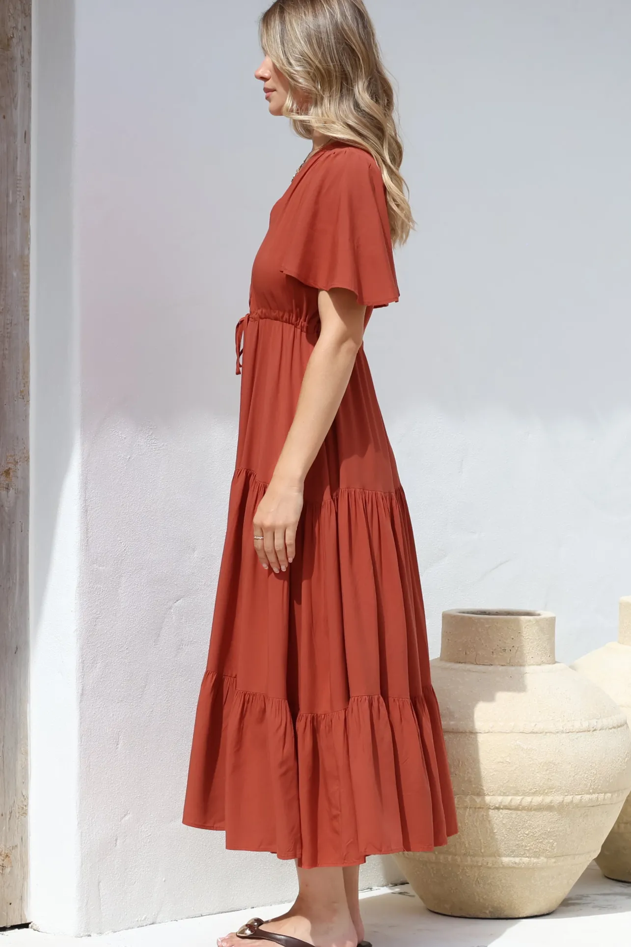 Anya Maxi Dress - Flutter Cap Sleeve Pull Tie Waist Dress in Rust>Salty Crush Best