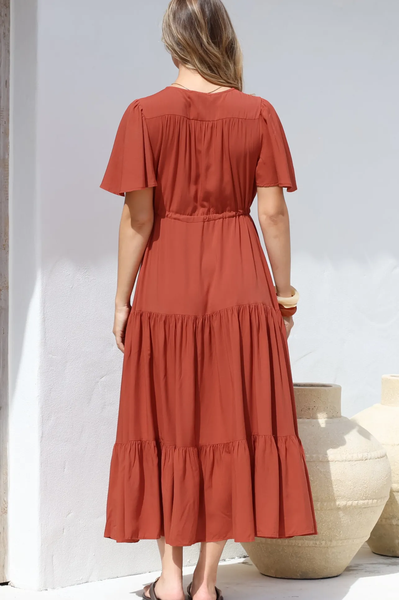 Anya Maxi Dress - Flutter Cap Sleeve Pull Tie Waist Dress in Rust>Salty Crush Best