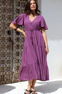 Anya Maxi Dress - Flutter Cap Sleeve Pull Tie Waist Dress in Purple>Salty Crush Clearance