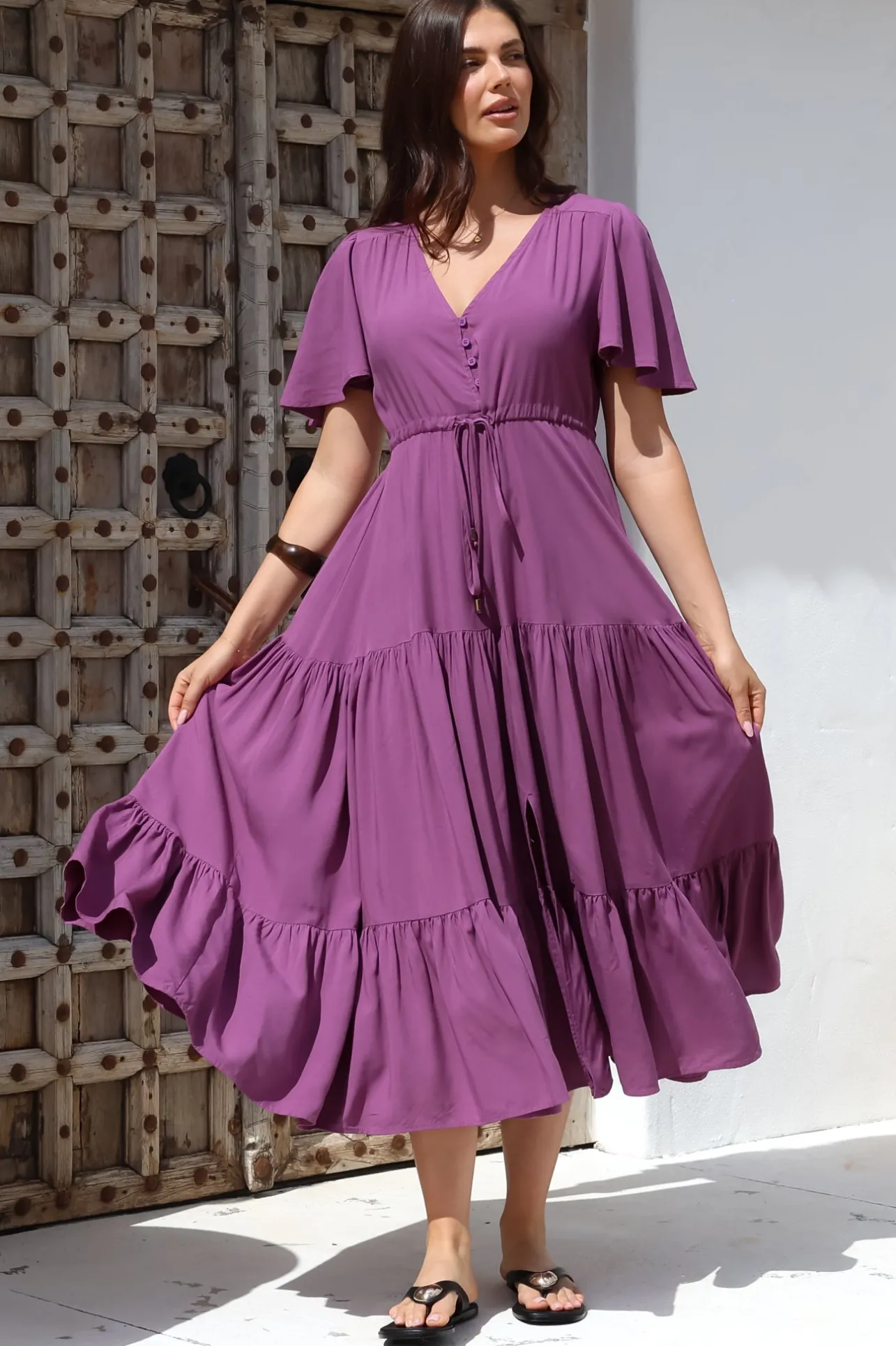 Anya Maxi Dress - Flutter Cap Sleeve Pull Tie Waist Dress in Purple>Salty Crush Clearance