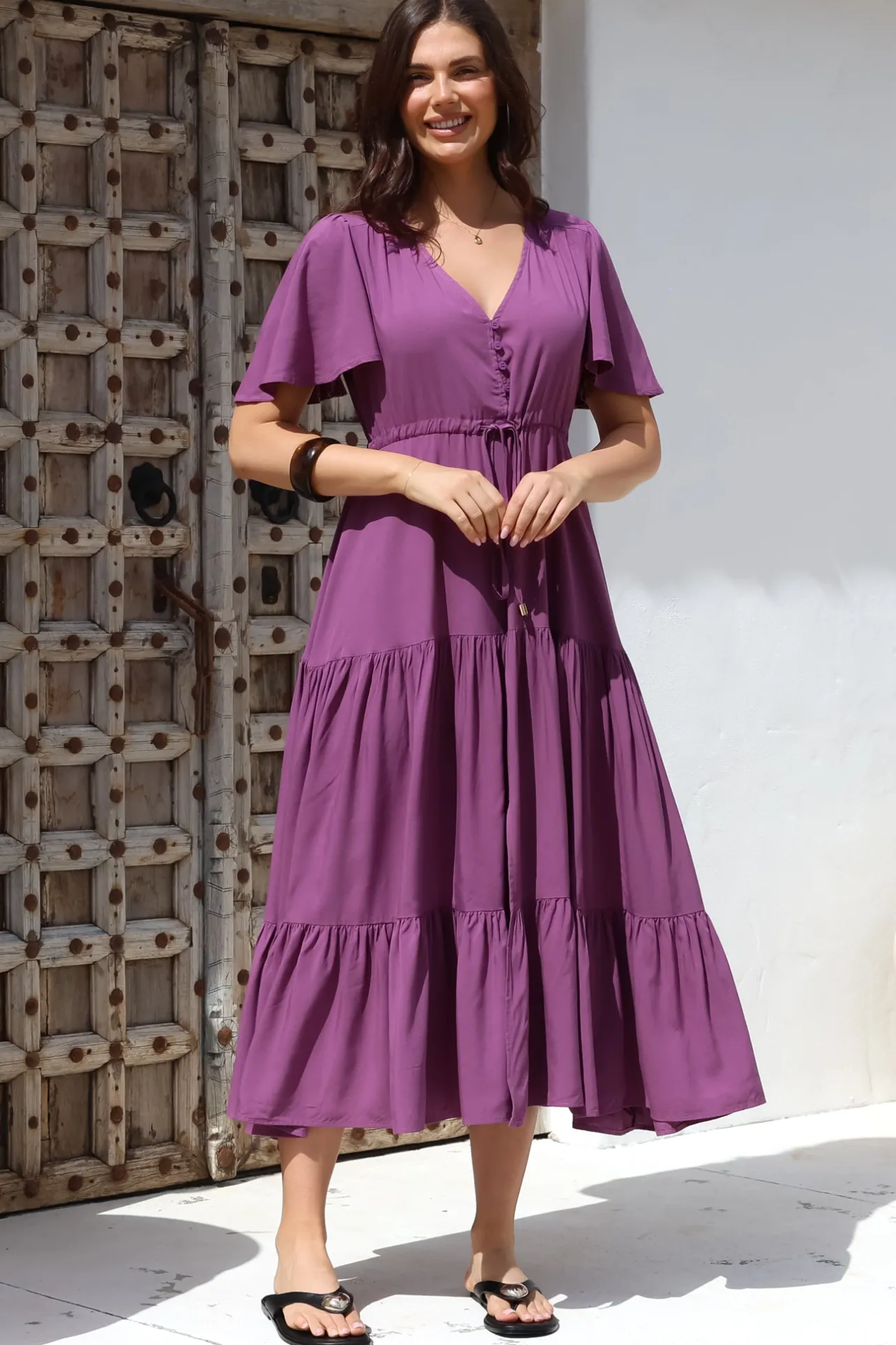 Anya Maxi Dress - Flutter Cap Sleeve Pull Tie Waist Dress in Purple>Salty Crush Clearance