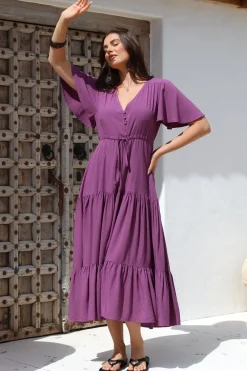 Anya Maxi Dress - Flutter Cap Sleeve Pull Tie Waist Dress in Purple><noscript><img width=