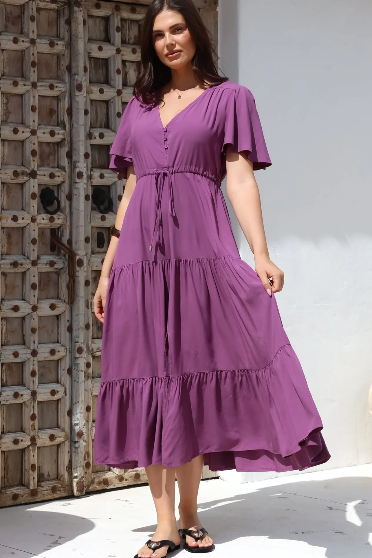 Anya Maxi Dress - Flutter Cap Sleeve Pull Tie Waist Dress in Purple>Salty Crush Clearance