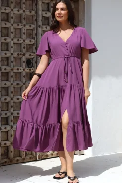 Anya Maxi Dress - Flutter Cap Sleeve Pull Tie Waist Dress in Purple><noscript><img width=