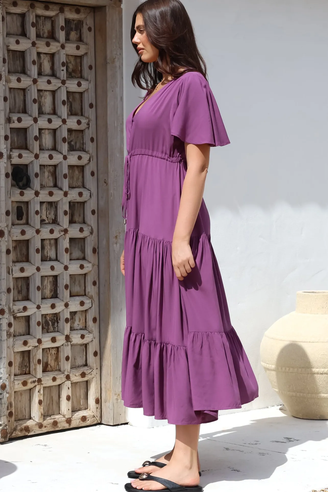 Anya Maxi Dress - Flutter Cap Sleeve Pull Tie Waist Dress in Purple>Salty Crush Clearance