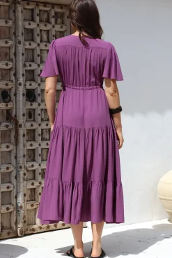 Anya Maxi Dress - Flutter Cap Sleeve Pull Tie Waist Dress in Purple><noscript><img width=