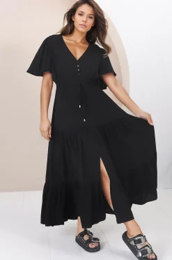 Anya Maxi Dress - Flutter Cap Sleeve Pull Tie Waist Dress in Black>Salty Crush