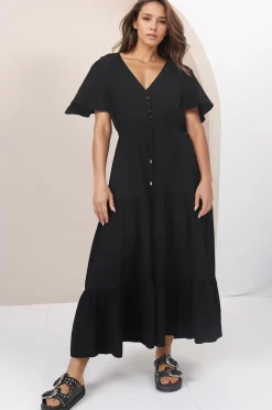 Anya Maxi Dress - Flutter Cap Sleeve Pull Tie Waist Dress in Black>Salty Crush