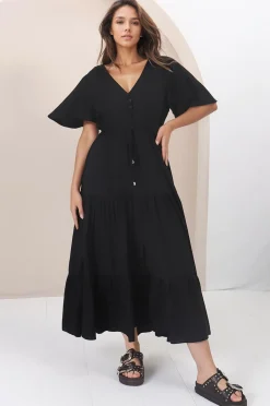 Anya Maxi Dress - Flutter Cap Sleeve Pull Tie Waist Dress in Black><noscript><img width=