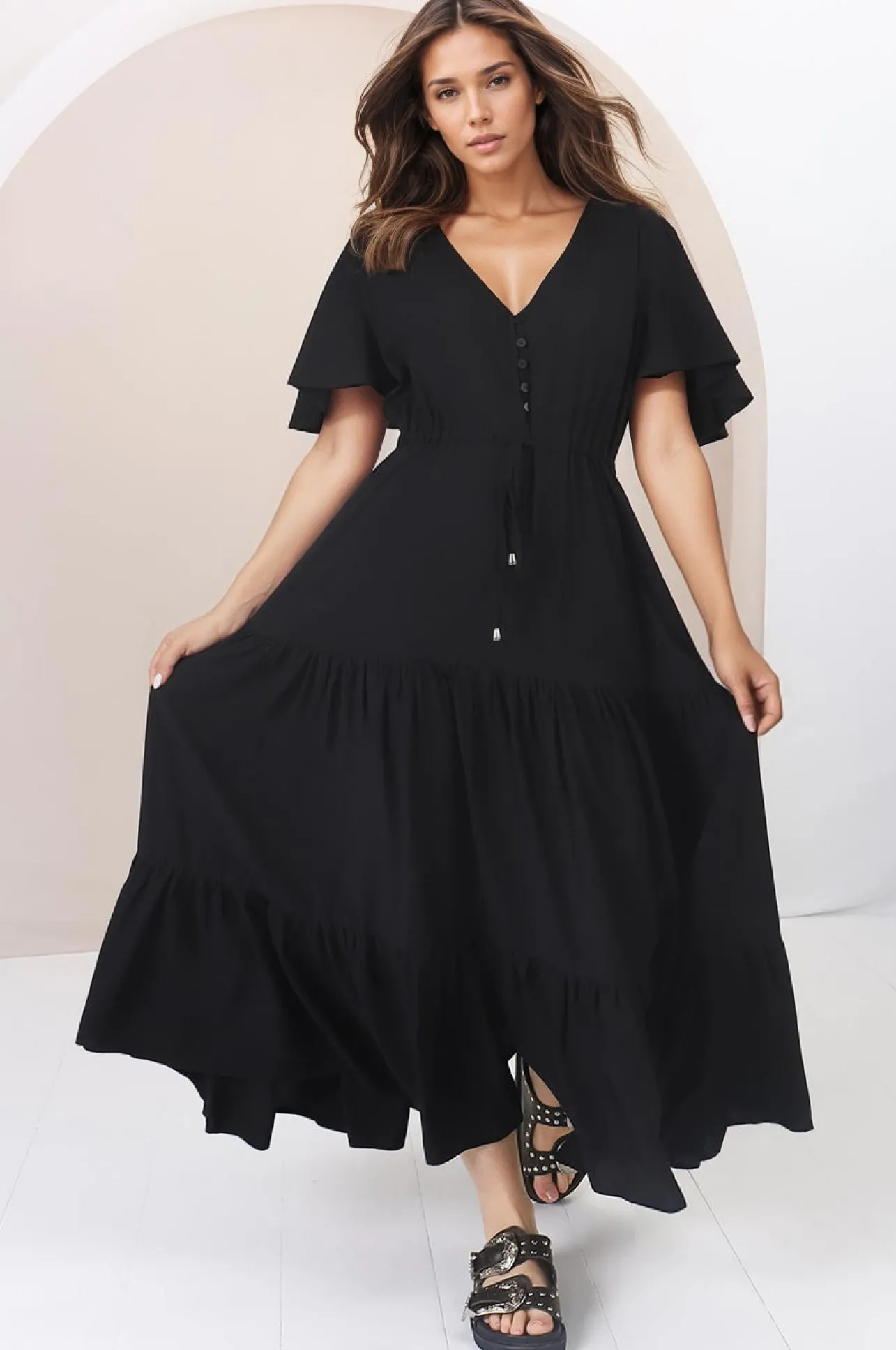 Anya Maxi Dress - Flutter Cap Sleeve Pull Tie Waist Dress in Black>Salty Crush