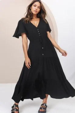 Anya Maxi Dress - Flutter Cap Sleeve Pull Tie Waist Dress in Black><noscript><img width=