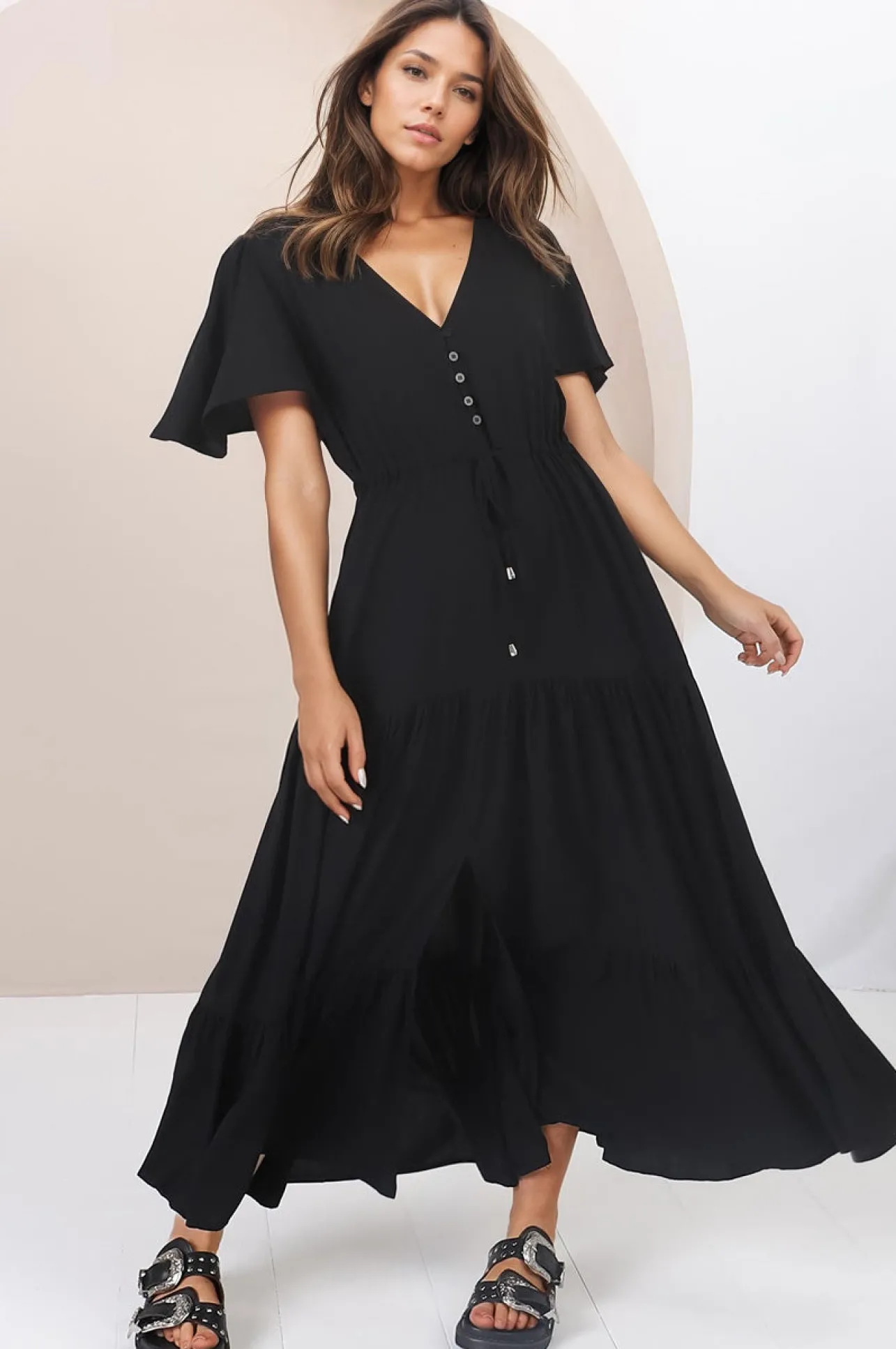 Anya Maxi Dress - Flutter Cap Sleeve Pull Tie Waist Dress in Black>Salty Crush