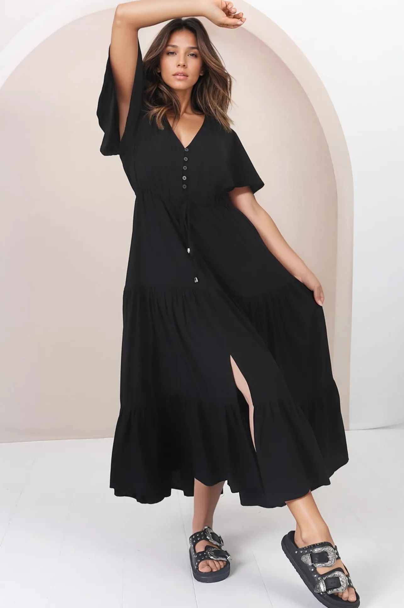Anya Maxi Dress - Flutter Cap Sleeve Pull Tie Waist Dress in Black>Salty Crush