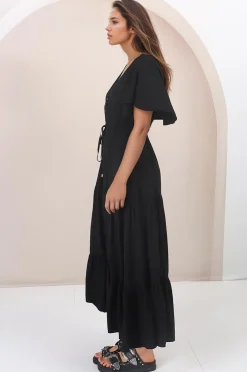Anya Maxi Dress - Flutter Cap Sleeve Pull Tie Waist Dress in Black><noscript><img width=