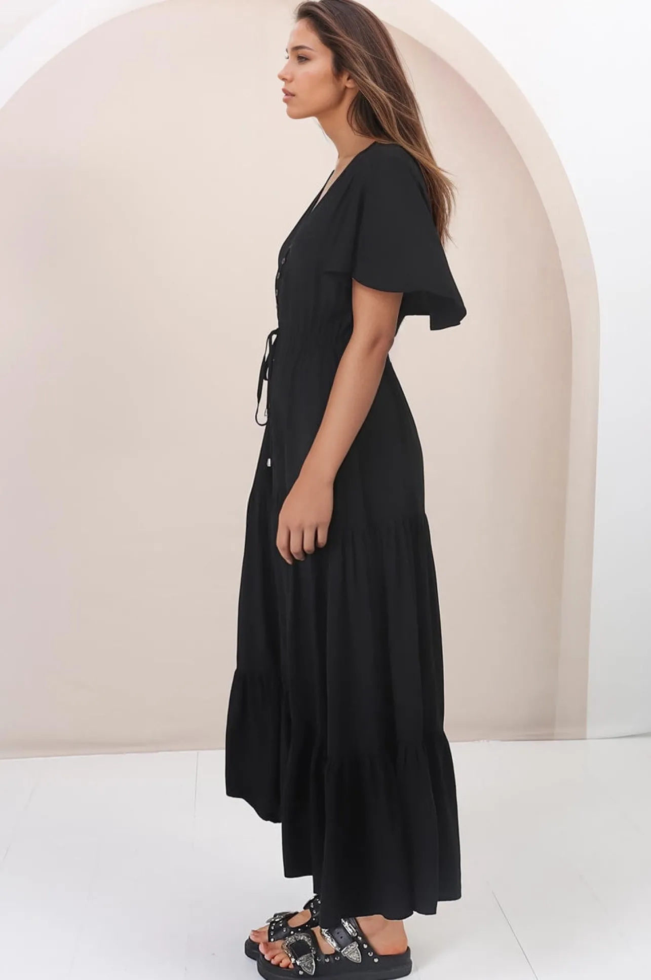Anya Maxi Dress - Flutter Cap Sleeve Pull Tie Waist Dress in Black>Salty Crush