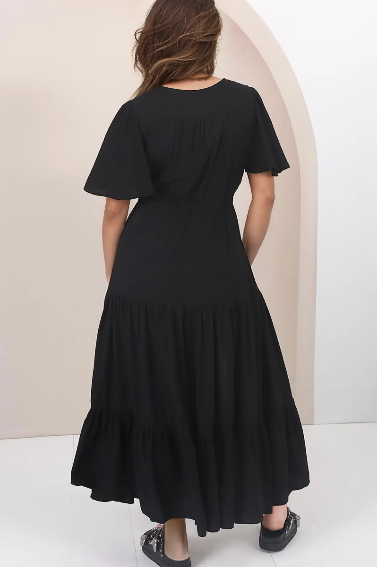 Anya Maxi Dress - Flutter Cap Sleeve Pull Tie Waist Dress in Black>Salty Crush