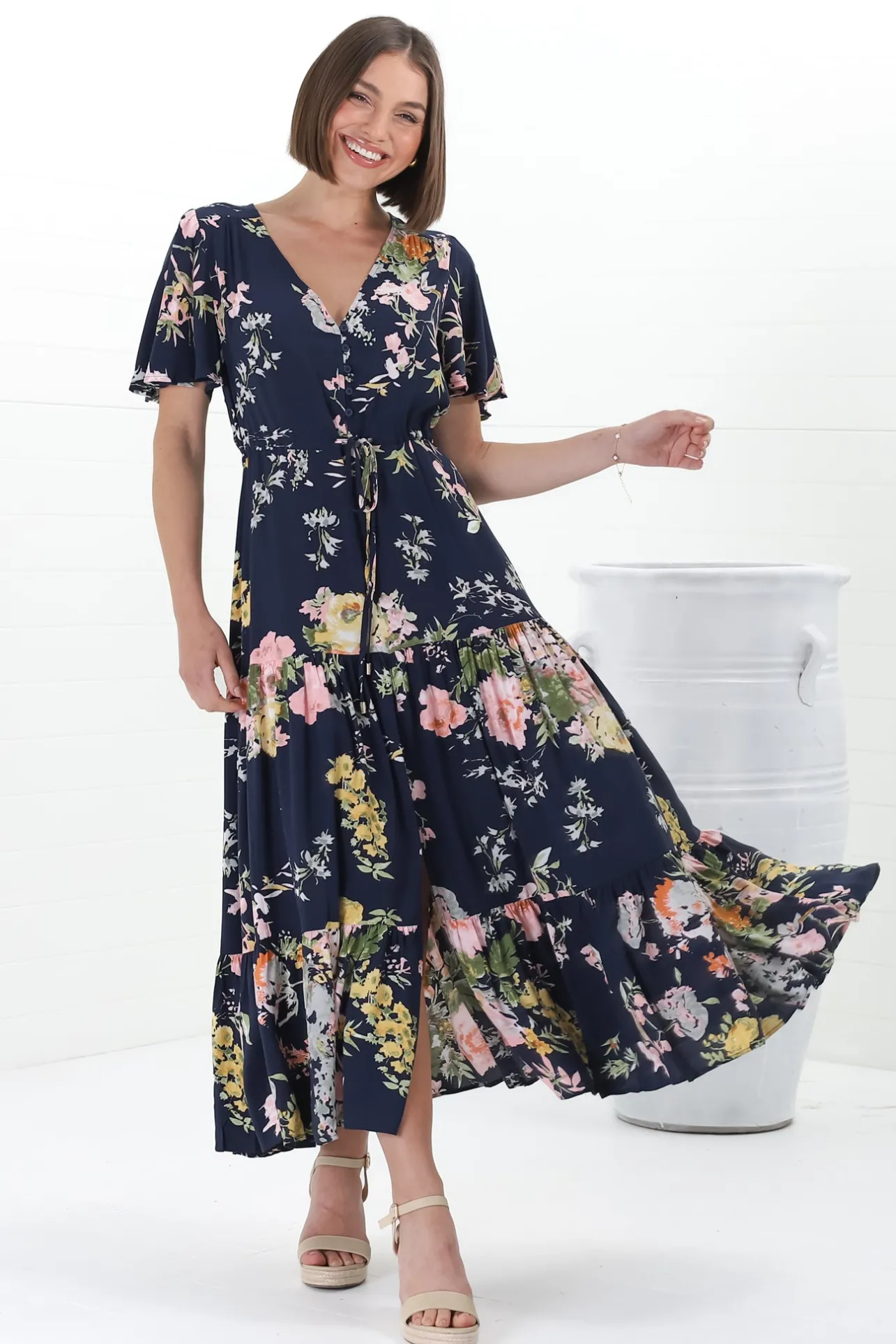 Anya Maxi Dress - Flutter Cap Sleeve Pull Tie Waist Dress in Lidye Print>Salty Crush Online