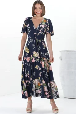 Anya Maxi Dress - Flutter Cap Sleeve Pull Tie Waist Dress in Lidye Print><noscript><img width=