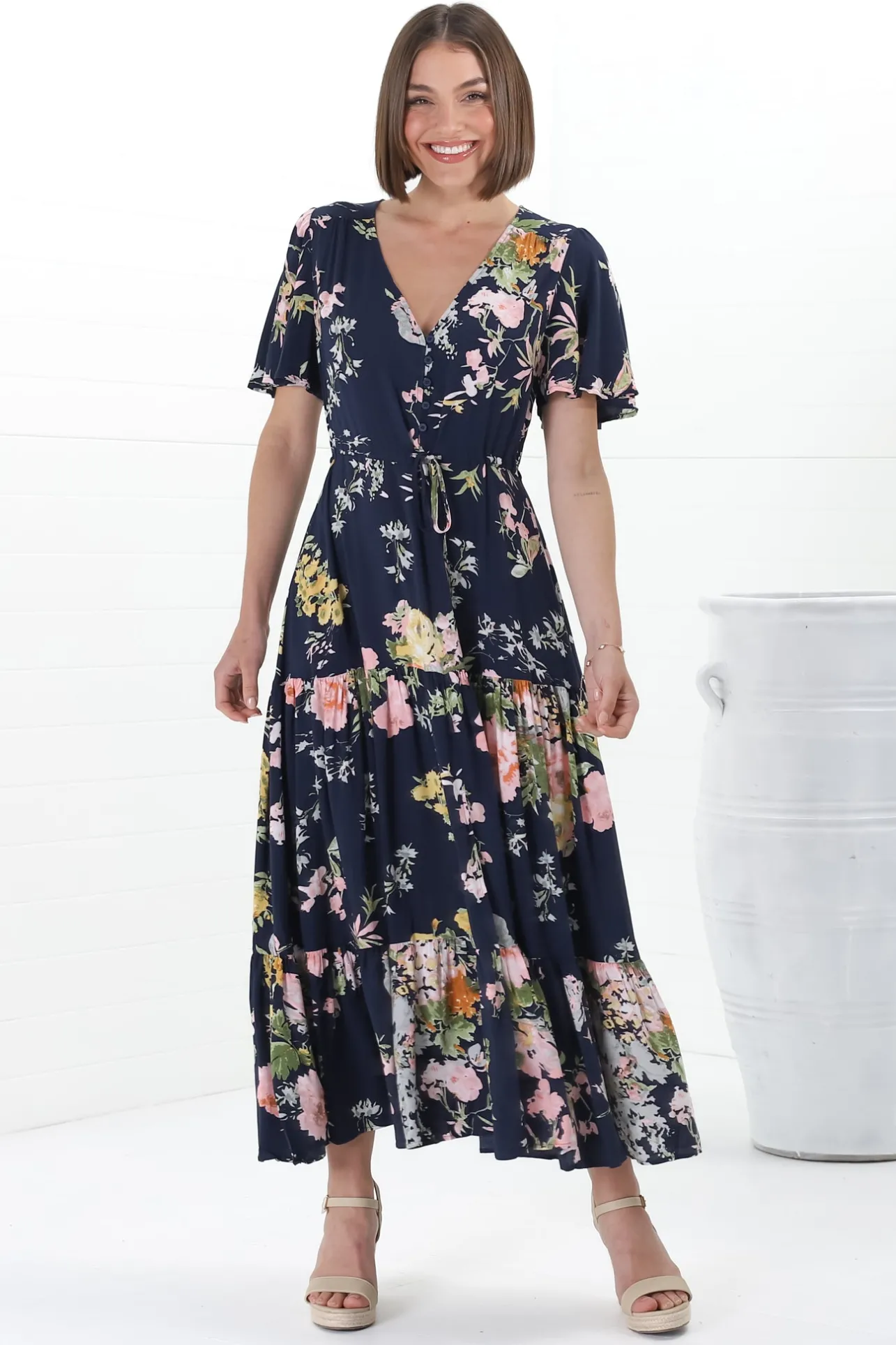 Anya Maxi Dress - Flutter Cap Sleeve Pull Tie Waist Dress in Lidye Print>Salty Crush Online