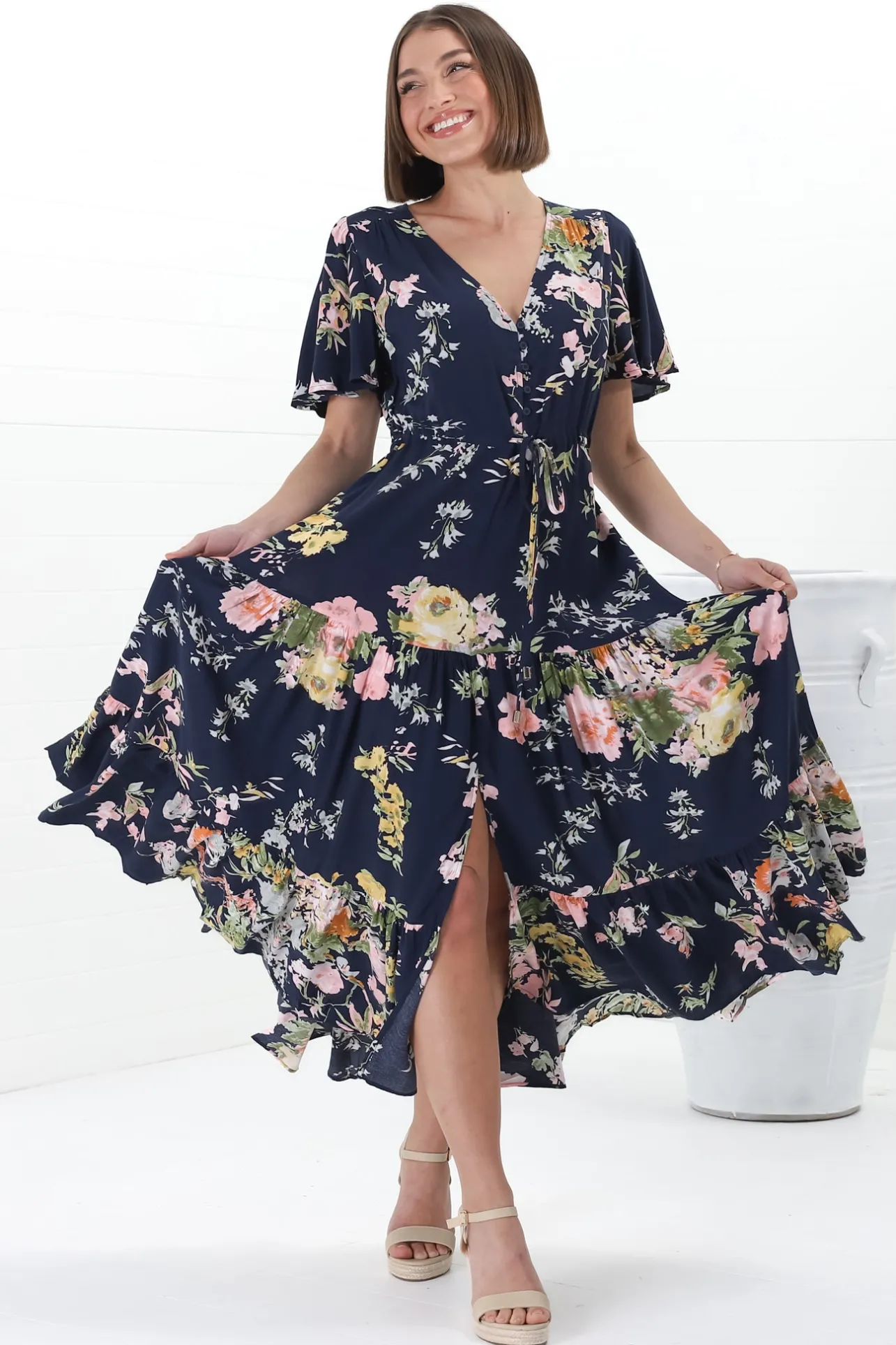 Anya Maxi Dress - Flutter Cap Sleeve Pull Tie Waist Dress in Lidye Print>Salty Crush Online