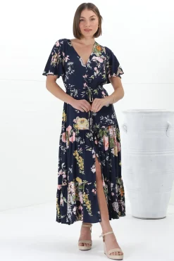 Anya Maxi Dress - Flutter Cap Sleeve Pull Tie Waist Dress in Lidye Print><noscript><img width=