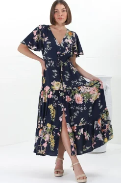 Anya Maxi Dress - Flutter Cap Sleeve Pull Tie Waist Dress in Lidye Print><noscript><img width=