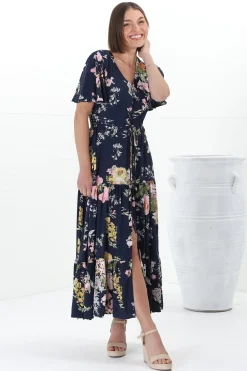 Anya Maxi Dress - Flutter Cap Sleeve Pull Tie Waist Dress in Lidye Print><noscript><img width=