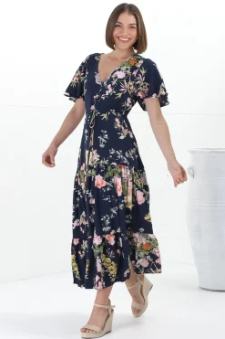 Anya Maxi Dress - Flutter Cap Sleeve Pull Tie Waist Dress in Lidye Print><noscript><img width=