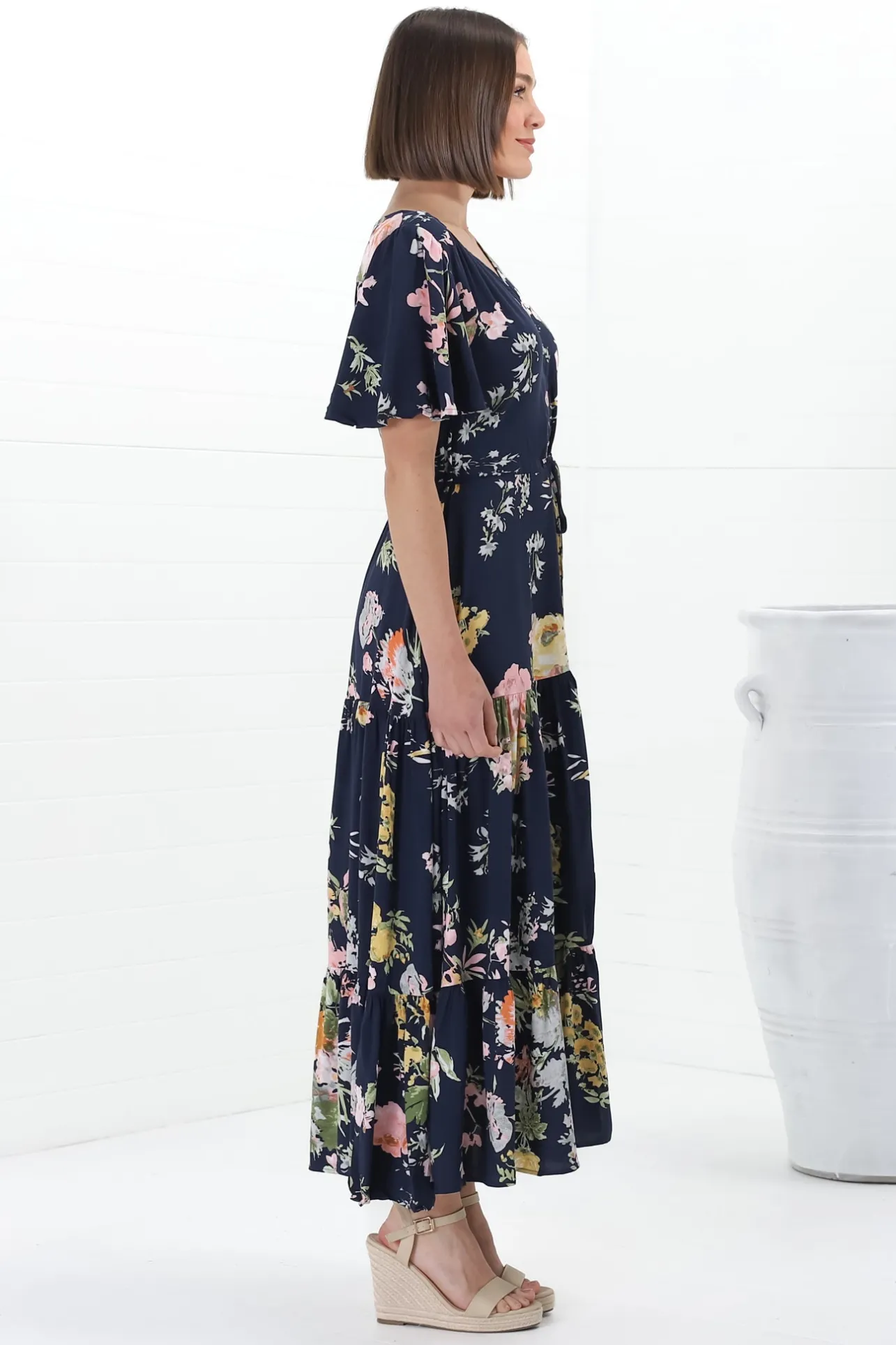 Anya Maxi Dress - Flutter Cap Sleeve Pull Tie Waist Dress in Lidye Print>Salty Crush Online