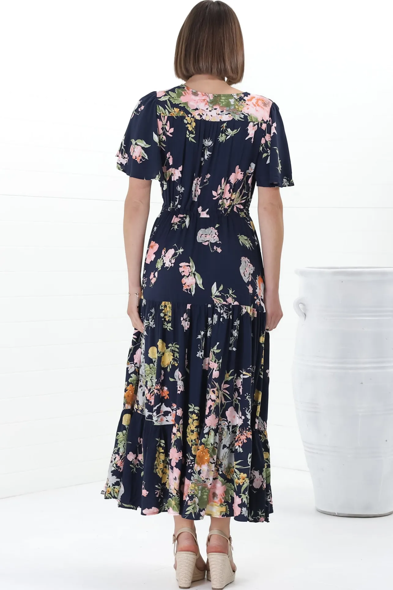 Anya Maxi Dress - Flutter Cap Sleeve Pull Tie Waist Dress in Lidye Print>Salty Crush Online