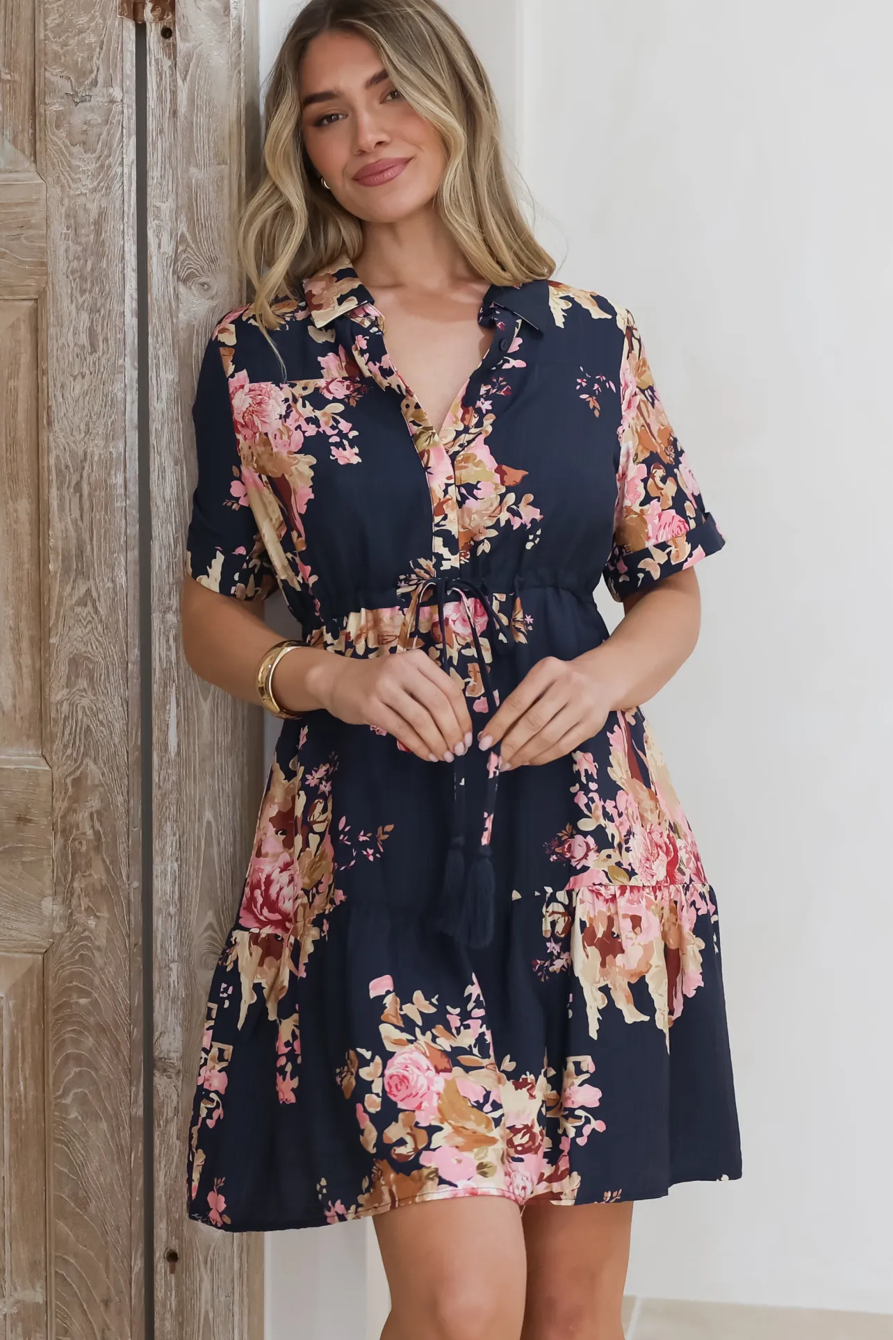 Apryl Mini Dress - Collared Short Sleeve Dress with Pull Tie Waist in Vela Print Navy>Salty Crush Online