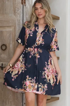 Apryl Mini Dress - Collared Short Sleeve Dress with Pull Tie Waist in Vela Print Navy><noscript><img width=