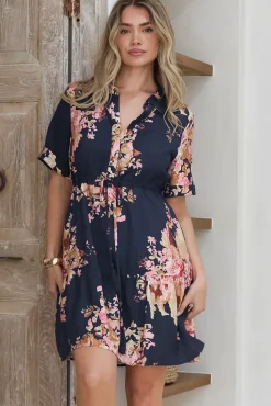 Apryl Mini Dress - Collared Short Sleeve Dress with Pull Tie Waist in Vela Print Navy><noscript><img width=