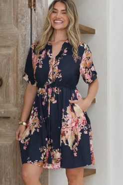 Apryl Mini Dress - Collared Short Sleeve Dress with Pull Tie Waist in Vela Print Navy><noscript><img width=