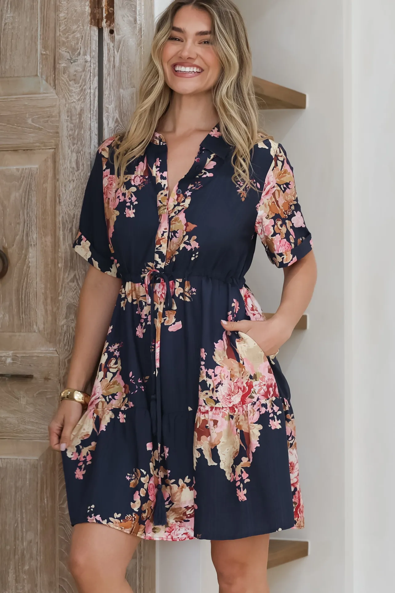 Apryl Mini Dress - Collared Short Sleeve Dress with Pull Tie Waist in Vela Print Navy>Salty Crush Online