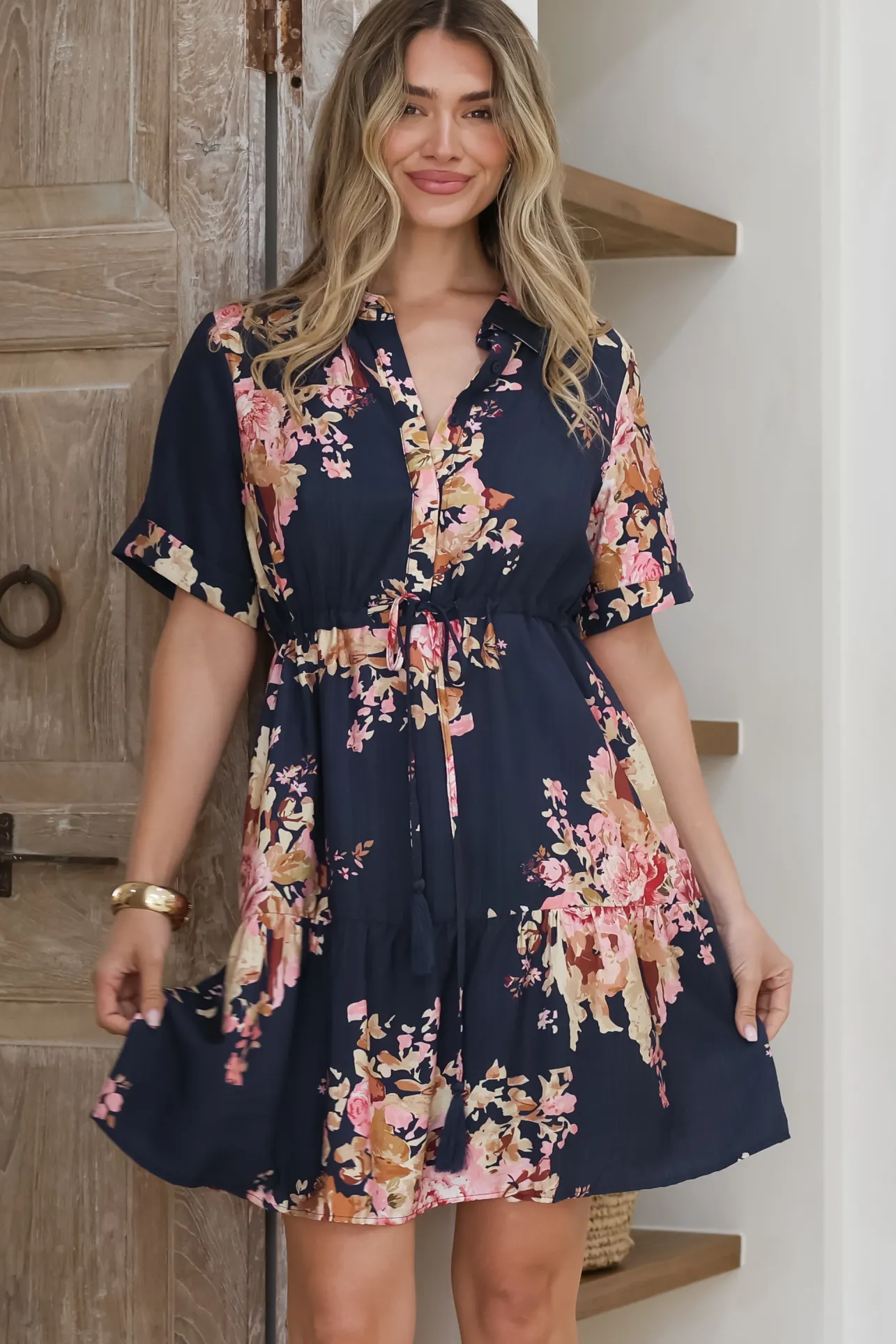 Apryl Mini Dress - Collared Short Sleeve Dress with Pull Tie Waist in Vela Print Navy>Salty Crush Online