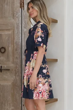 Apryl Mini Dress - Collared Short Sleeve Dress with Pull Tie Waist in Vela Print Navy><noscript><img width=