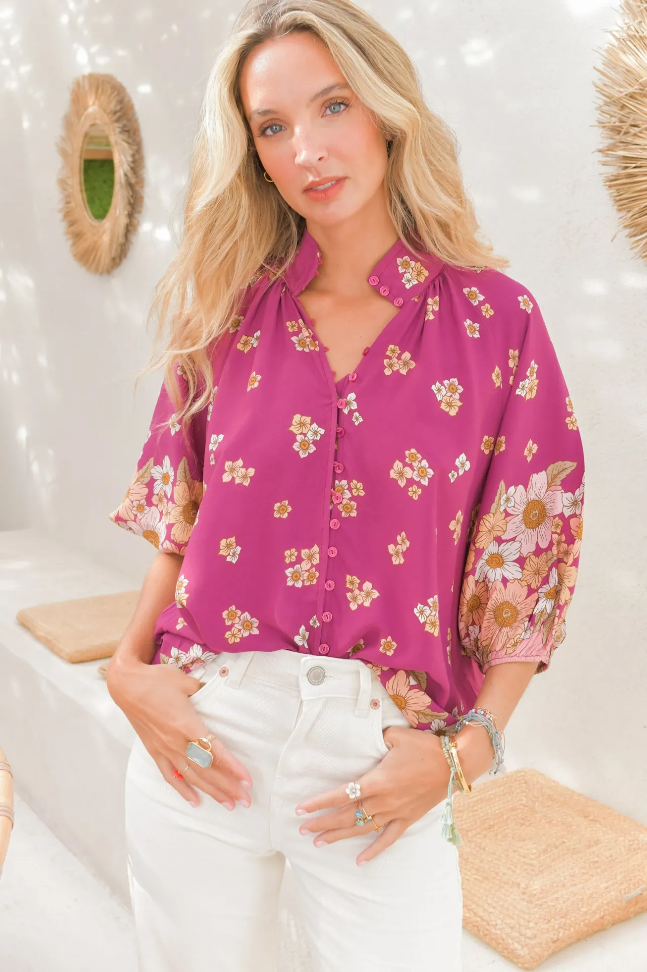 Arden Blouse: V-Neck Buttoned Through Scoop Hem Top in Bee Orchid Print>Jaase Clearance