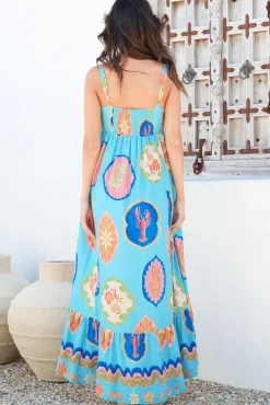 Ariel Maxi Dress - Adjustable Strap High Low Ruffle Hem Sun Dress in Boardwalk Print><noscript><img width=