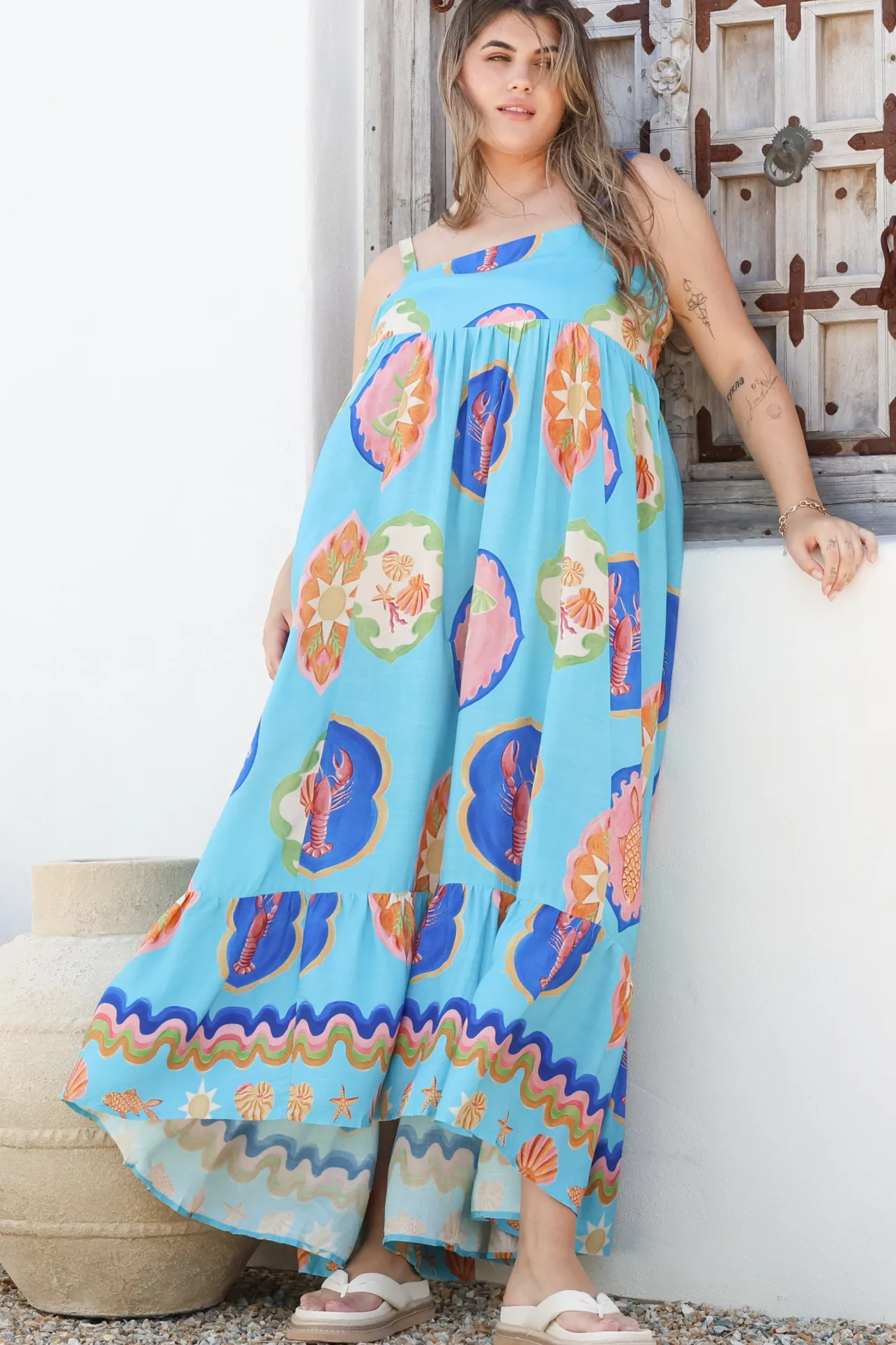 Ariel Maxi Dress - Adjustable Strap High Low Ruffle Hem Sun Dress in Boardwalk Print>Salty Crush Sale