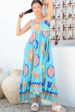 Ariel Maxi Dress - Adjustable Strap High Low Ruffle Hem Sun Dress in Boardwalk Print><noscript><img width=