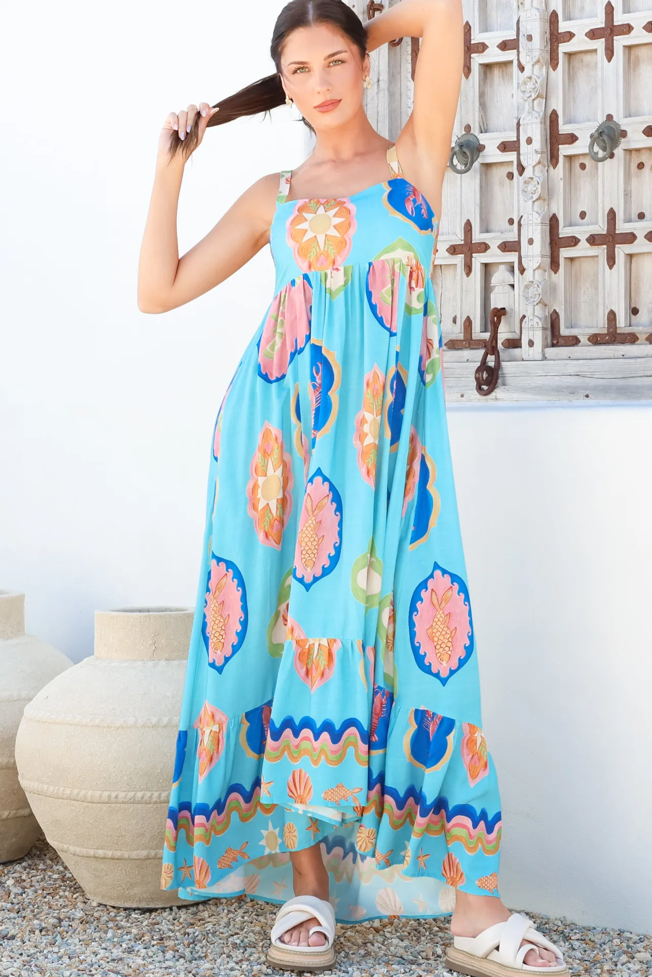 Ariel Maxi Dress - Adjustable Strap High Low Ruffle Hem Sun Dress in Boardwalk Print>Salty Crush Sale