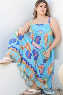Ariel Maxi Dress - Adjustable Strap High Low Ruffle Hem Sun Dress in Boardwalk Print><noscript><img width=