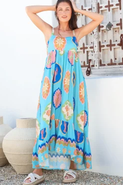 Ariel Maxi Dress - Adjustable Strap High Low Ruffle Hem Sun Dress in Boardwalk Print><noscript><img width=