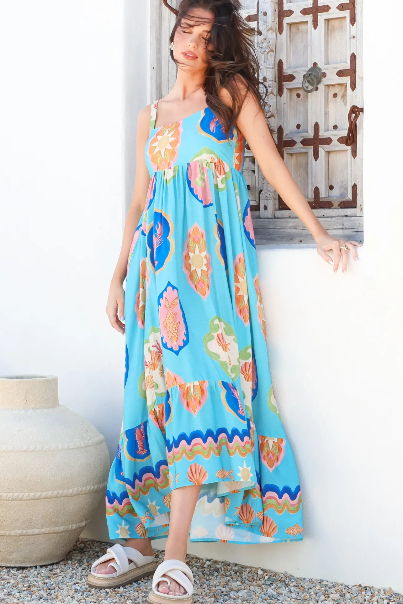 Ariel Maxi Dress - Adjustable Strap High Low Ruffle Hem Sun Dress in Boardwalk Print>Salty Crush Sale