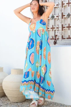 Ariel Maxi Dress - Adjustable Strap High Low Ruffle Hem Sun Dress in Boardwalk Print><noscript><img width=