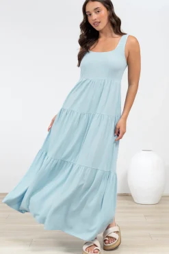 Arielle Maxi Dress - Square Neckline Tiered Dress with Pockets in Light Blue><noscript><img width=