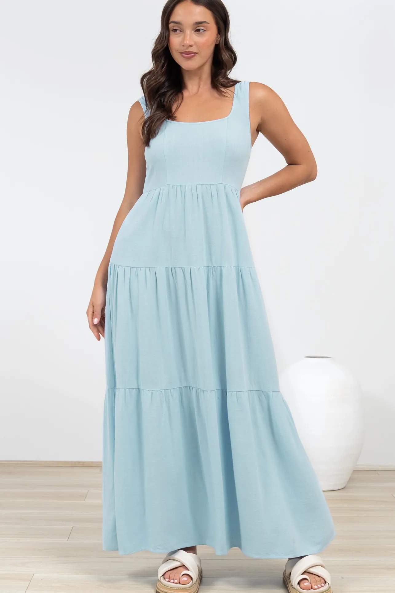 Arielle Maxi Dress - Square Neckline Tiered Dress with Pockets in Light Blue>Salty Crush Hot